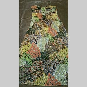 COLORFUL STRETCH MAXI DRESS FEATHER PATTERN EUC